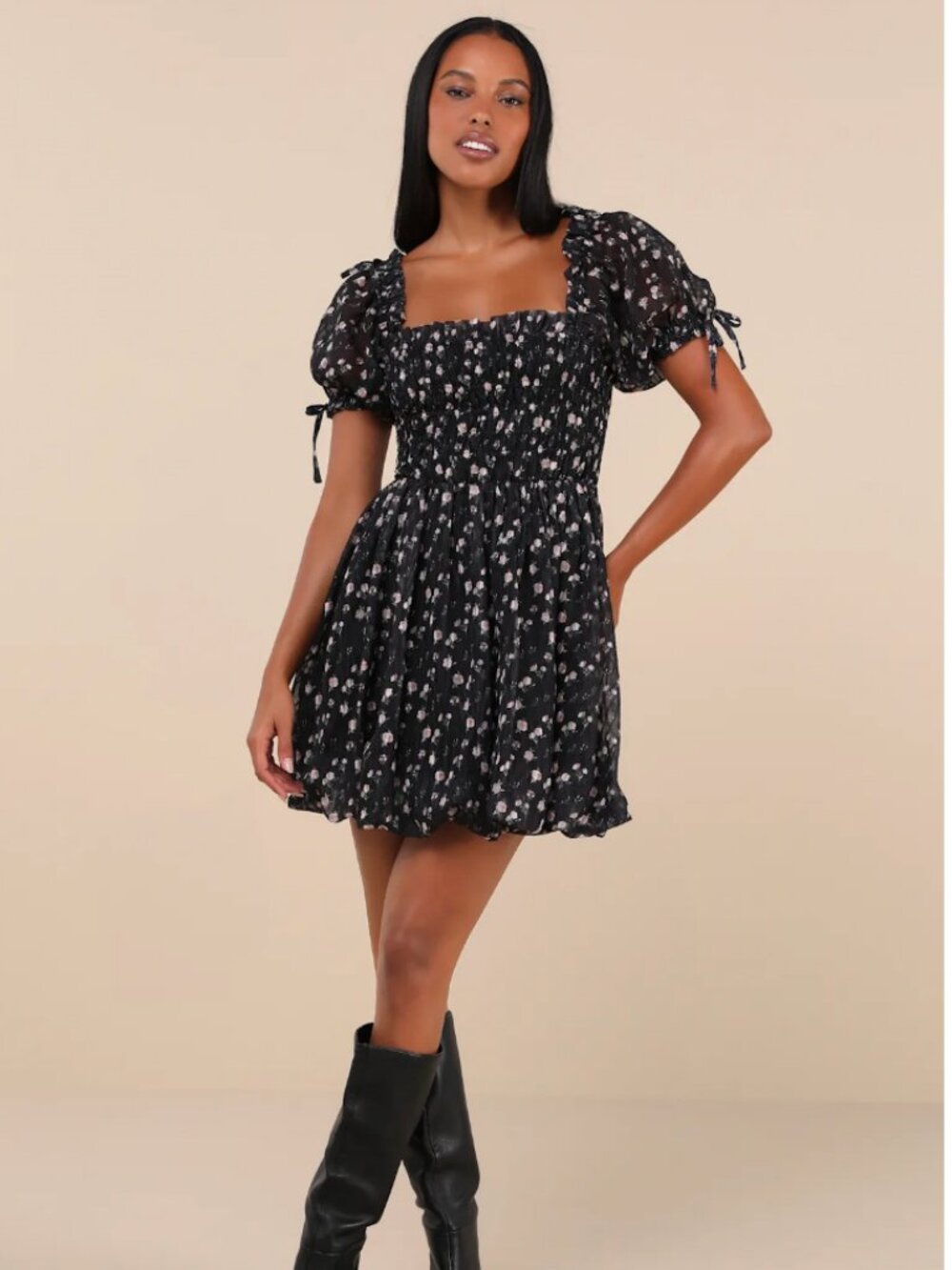 ❤️‍🔥BOGO FREE Lulu's Romantic Puff Sleeve Bubble LBD Black Mini Dress Floral